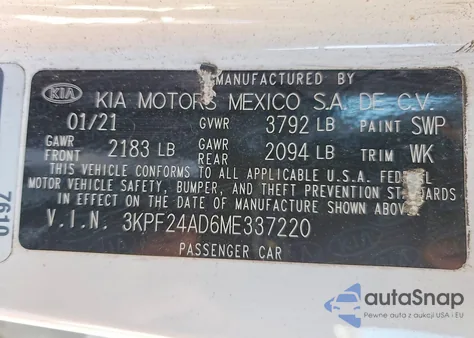 2021 Kia Forte Fe z USA, uszkodzony, nr VIN 3KPF24AD6ME337220